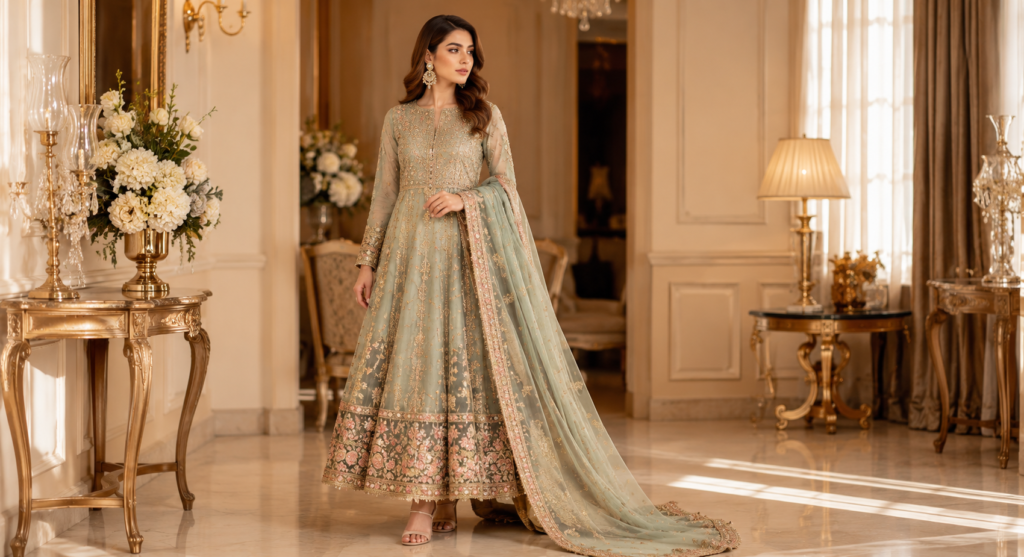 Elegant Pakistani fancy dress with gold embroidery by Anwar Brothers