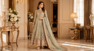 Elegant Pakistani fancy dress with gold embroidery by Anwar Brothers