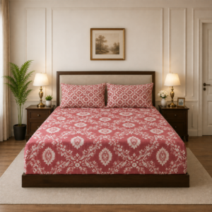 Rose Pink and white cotton printed bedsheet with 2 pillow covers