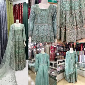 Mint green embroidered net dress for women