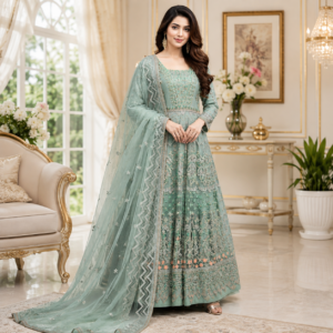 Mint green embroidered net dress for women