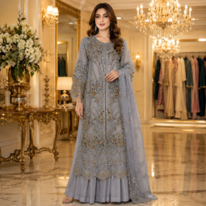 Grey & Silver Embroidered 3-Piece Formal Suit for Women