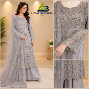 Grey & Silver Embroidered 3-Piece Formal Suit for Women