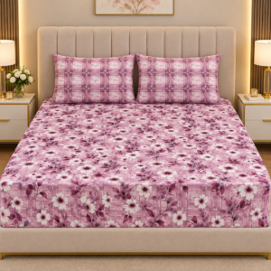Pink mauve floral printed bedsheet set with matching pillow covers.