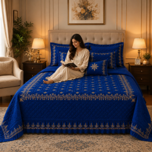 Royal blue luxury embroidered comforter and bed sheet set with pillows and cushions