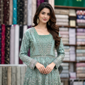 Mint green embroidered net dress for women