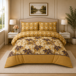 Mustard cotton printed bedsheet with 2 pillow covers