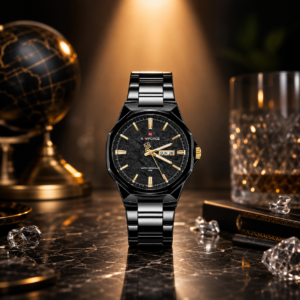 NAVIFORCE men's black gold luxury analog watch