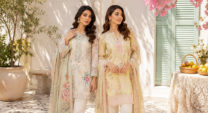Two women wearing elegant Pakistani summer dresses by Anwar Brothers