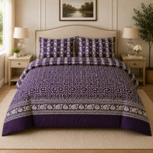 Purple cotton printed bedsheet with 2 pillow covers