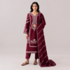 Maroon 3 Piece Embroidered Linen Suit with Wool Shawl Dupatta