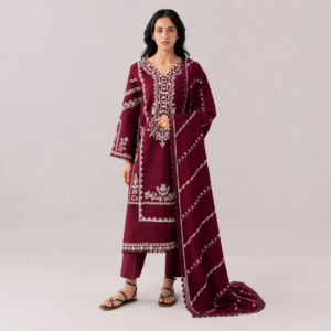 Maroon 3 Piece Embroidered Linen Suit with Wool Shawl Dupatta