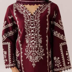 Maroon 3 Piece Embroidered Linen Suit with Wool Shawl Dupatta