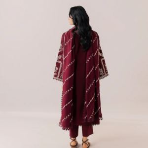 Maroon 3 Piece Embroidered Linen Suit with Wool Shawl Dupatta