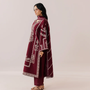 Maroon 3 Piece Embroidered Linen Suit with Wool Shawl Dupatta