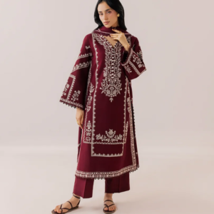 Maroon 3 Piece Embroidered Linen Suit with Wool Shawl Dupatta