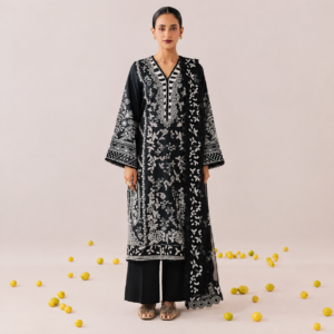 Black embroidered printed viscose 3PC unstitched suit with chiffon dupatta