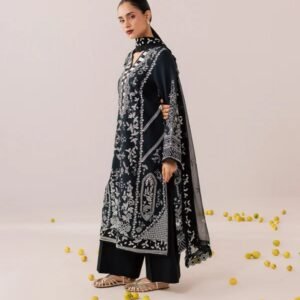 Black embroidered printed viscose 3PC unstitched suit with chiffon dupatta