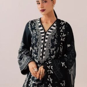 Black embroidered printed viscose 3PC unstitched suit with chiffon dupatta