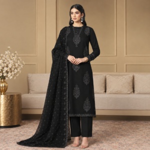 Black Luxury Baroque Embroidered 3PC Chiffon Suit with Matching Embroidered Dupatta and Trouser