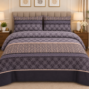 Charcoal grey cotton 3-piece bedsheet with matching pillow covers featuring geometric and floral patterns.