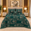 Luxury dark green Corduroy Jacquard 4-piece bed set with elegant floral and paisley patterns, matching pillow covers, decorative borders, and fringe detailing.