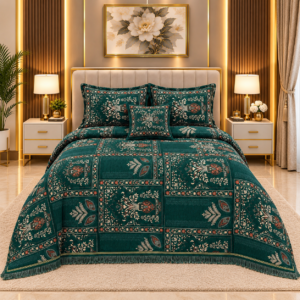 Luxury dark green Corduroy Jacquard 4-piece bed set with elegant floral and paisley patterns, matching pillow covers, decorative borders, and fringe detailing.