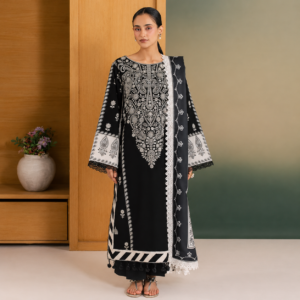 Elegant black embroidered linen 3PC suit featuring a beautifully embroidered front and sleeves, paired with a stylish printed wool shawl and matching dyed linen trousers. A sophisticated choice for winter and semi-formal wear.