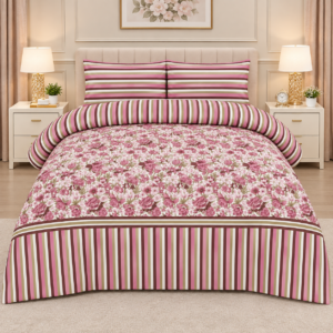 Cotton 3-piece floral bed set with striped border and matching pillow covers