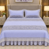Imported zari cotton 3-piece lavender bedsheet set with matching pillow covers featuring elegant embroidery, decorative lace borders, and luxury bedroom styling.
