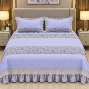 Imported zari cotton 3-piece lavender bedsheet set with matching pillow covers featuring elegant embroidery, decorative lace borders, and luxury bedroom styling.