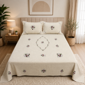 Khaddar Karandi 3 piece embroidered bedsheet set in cream with floral embroidery and matching pillow covers