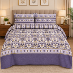 Lavender purple cotton bedsheet set with cream and beige floral patterns and matching pillow covers displayed in a stylish bedroom setting.