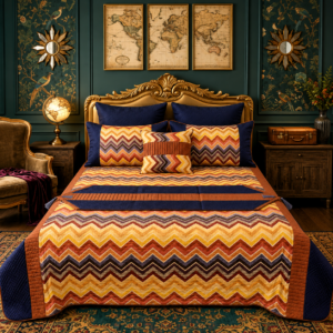 Luxury 7-piece leather jacquard bed set in navy blue, rust, mustard and cream with a stylish chevron pattern, displayed on an elegant bedroom bed.