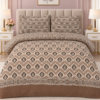 Brown cotton 3-piece bed set with traditional leaf print, decorative striped borders, 1 bedsheet and 2 matching pillow covers.