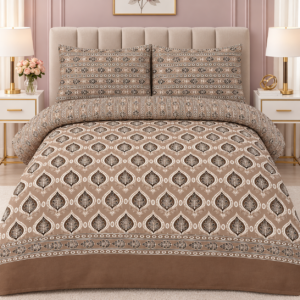 Brown cotton 3-piece bed set with traditional leaf print, decorative striped borders, 1 bedsheet and 2 matching pillow covers.