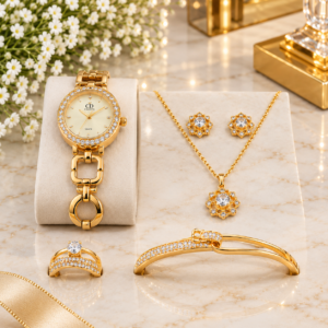 Luxury CD Collection gold watch and jewelry set with necklace, earrings, bracelet and ring displayed on a premium background