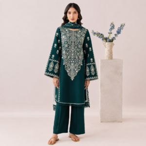 Luxury deep teal green embroidered 3-piece linen suit featuring intricate white embroidery, matching dupatta, and straight trousers.