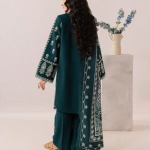 Luxury deep teal green embroidered 3-piece linen suit featuring intricate white embroidery, matching dupatta, and straight trousers.