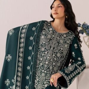 Luxury deep teal green embroidered 3-piece linen suit featuring intricate white embroidery, matching dupatta, and straight trousers.