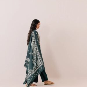 Luxury deep teal green embroidered 3-piece linen suit featuring intricate white embroidery, matching dupatta, and straight trousers.
