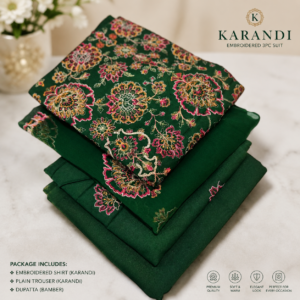 Green Karandi embroidered 3-piece suit with floral embroidered shirt, matching trouser and Bamber dupatta
