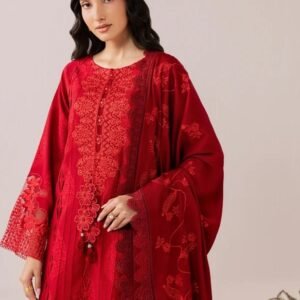 Red embroidered 3-piece suit with intricate floral detailing.