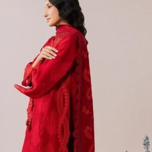 Red embroidered 3-piece suit with intricate floral detailing.
