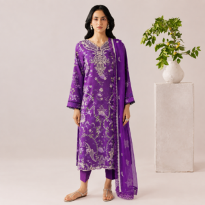 Royal purple embroidered printed viscose 3PC suit with matching dupatta