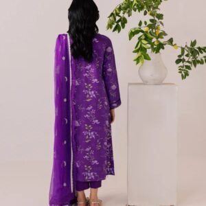 Royal purple embroidered printed viscose 3PC suit with matching dupatta
