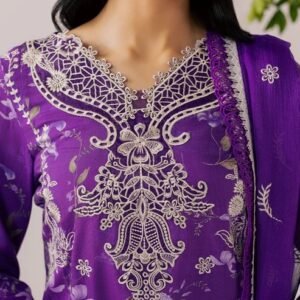 Royal purple embroidered printed viscose 3PC suit with matching dupatta
