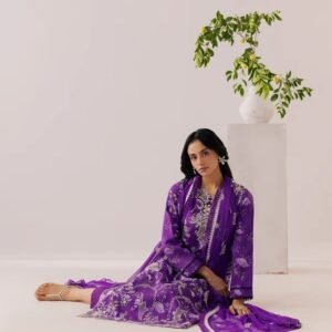 Royal purple embroidered printed viscose 3PC suit with matching dupatta