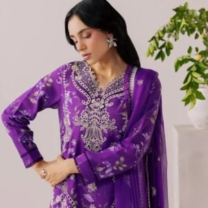 Royal purple embroidered printed viscose 3PC suit with matching dupatta
