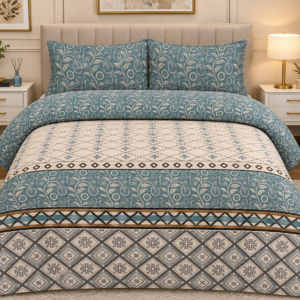 Teal and cream printed bed sheet set with paisley and geometric patterns on a luxury bed